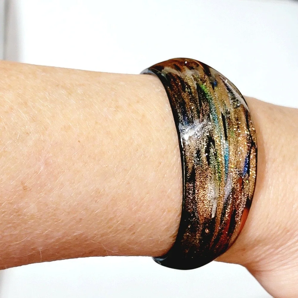 Vintage Sparkly Bronze Tones Glass Cuff Bracelet, Wide Statement Bracelet cfb